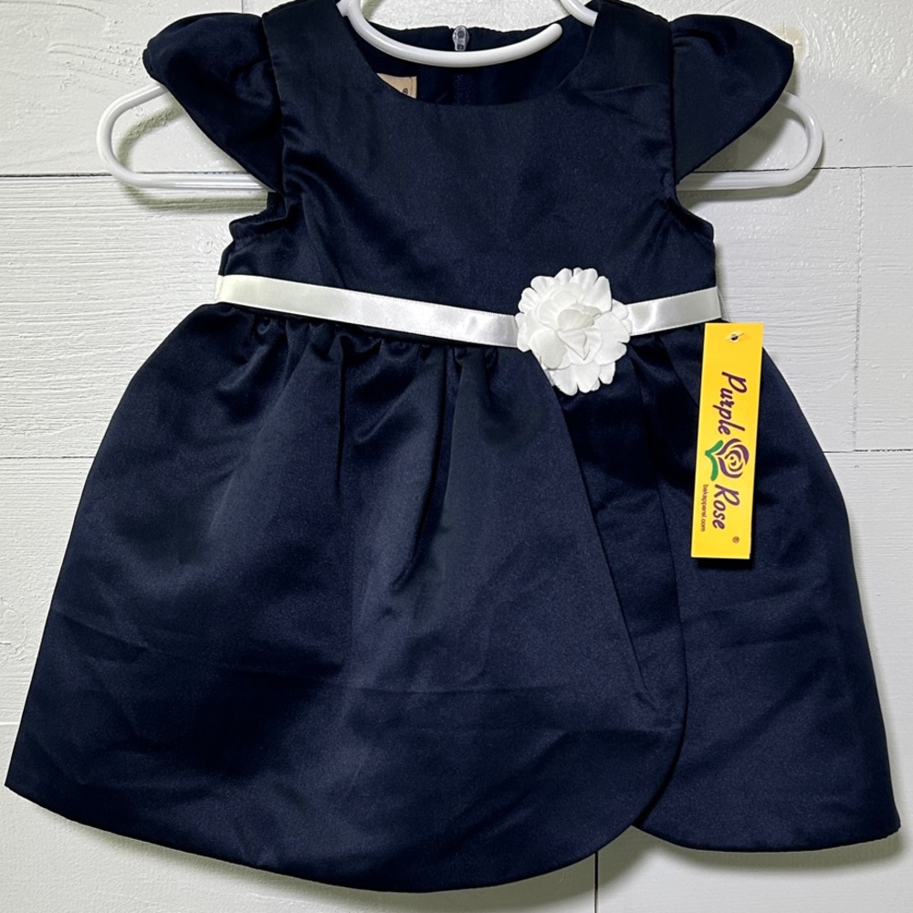 Purple Rose Navy Baby Girl 6/9 Months Satin Dress with White Flower Belt